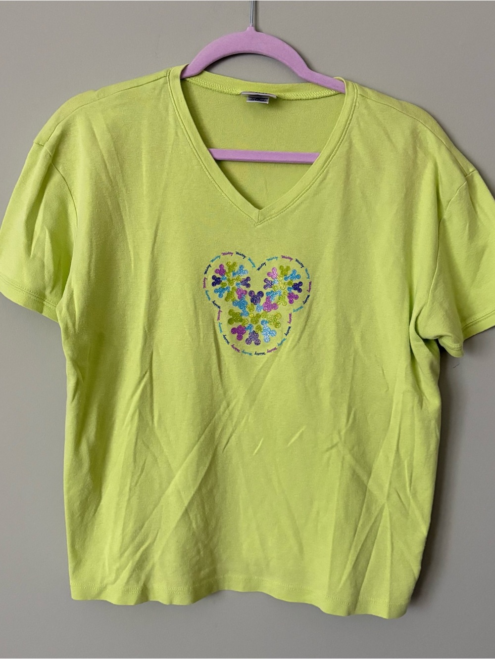 Vintage Disney Store Lime Green Mickey Sparkle Tee Shirt